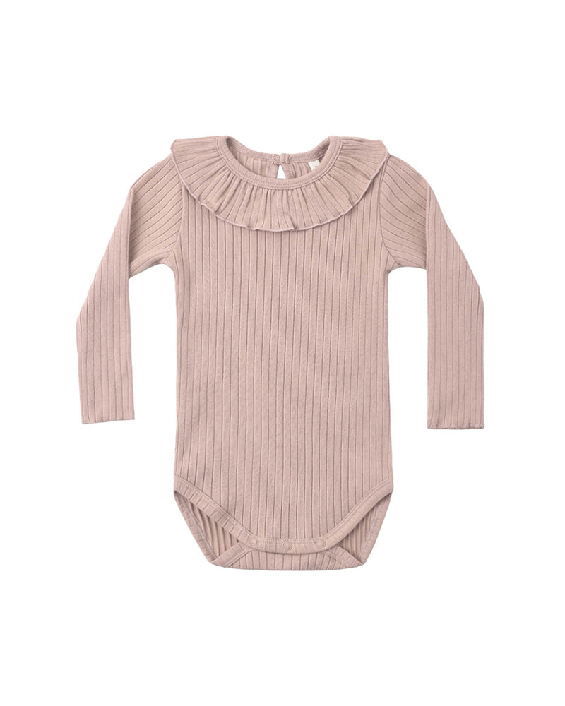 Pink ribbed baby bodysuit with ruffled collar on a white background