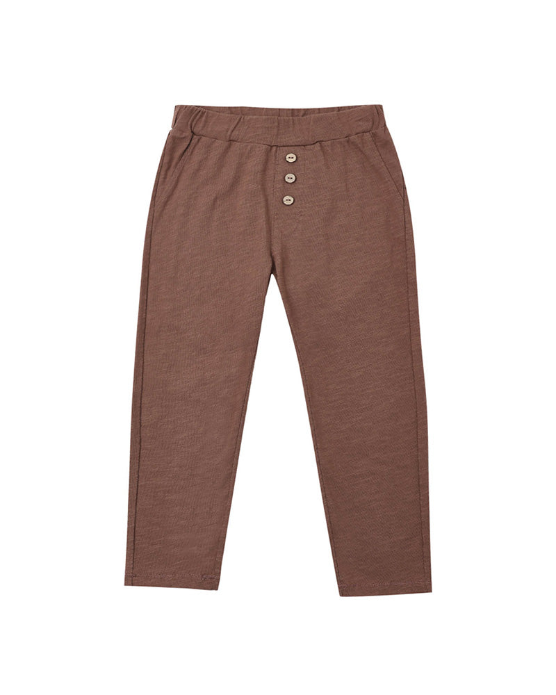 Brown casual pants with button details on a white background
