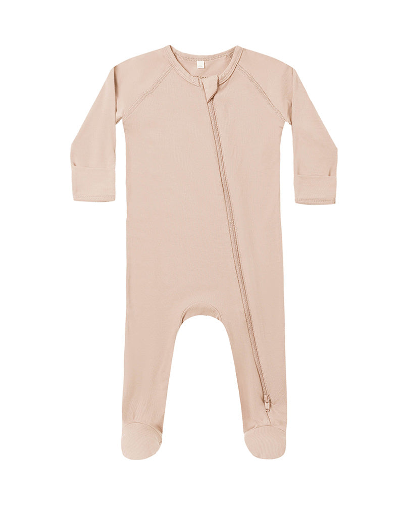 Dusty rose baby onesie with a zipper on a white background