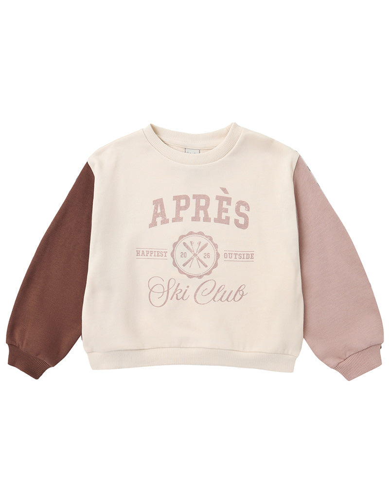 Multicolor crewneck sweatshirt with 'Apres Ski Club' text on a white background