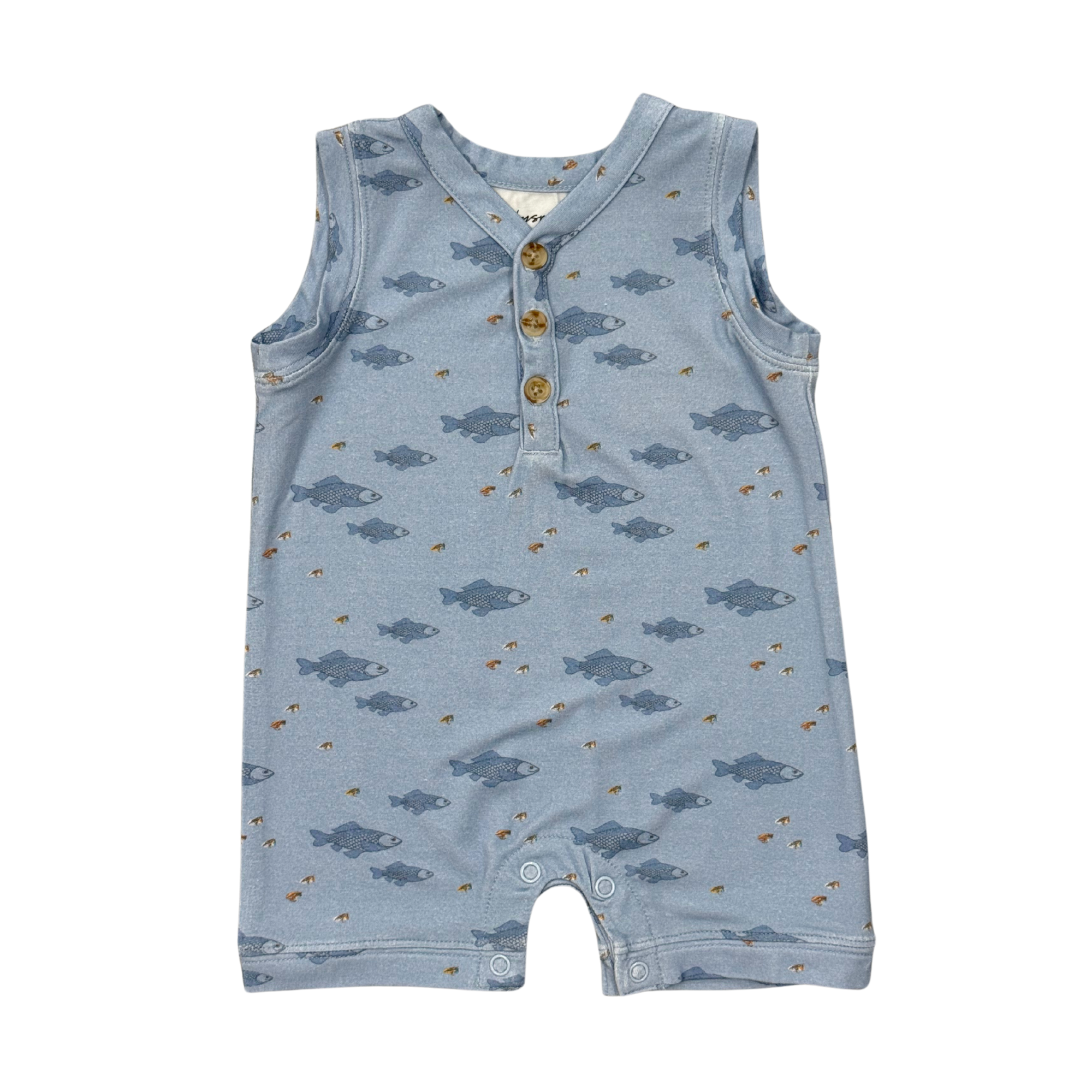 Blue baby romper with fish pattern on a white background