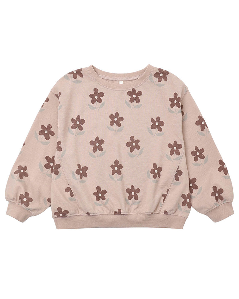 Pink sweatshirt with flower pattern and cuffed sleeves on a white background