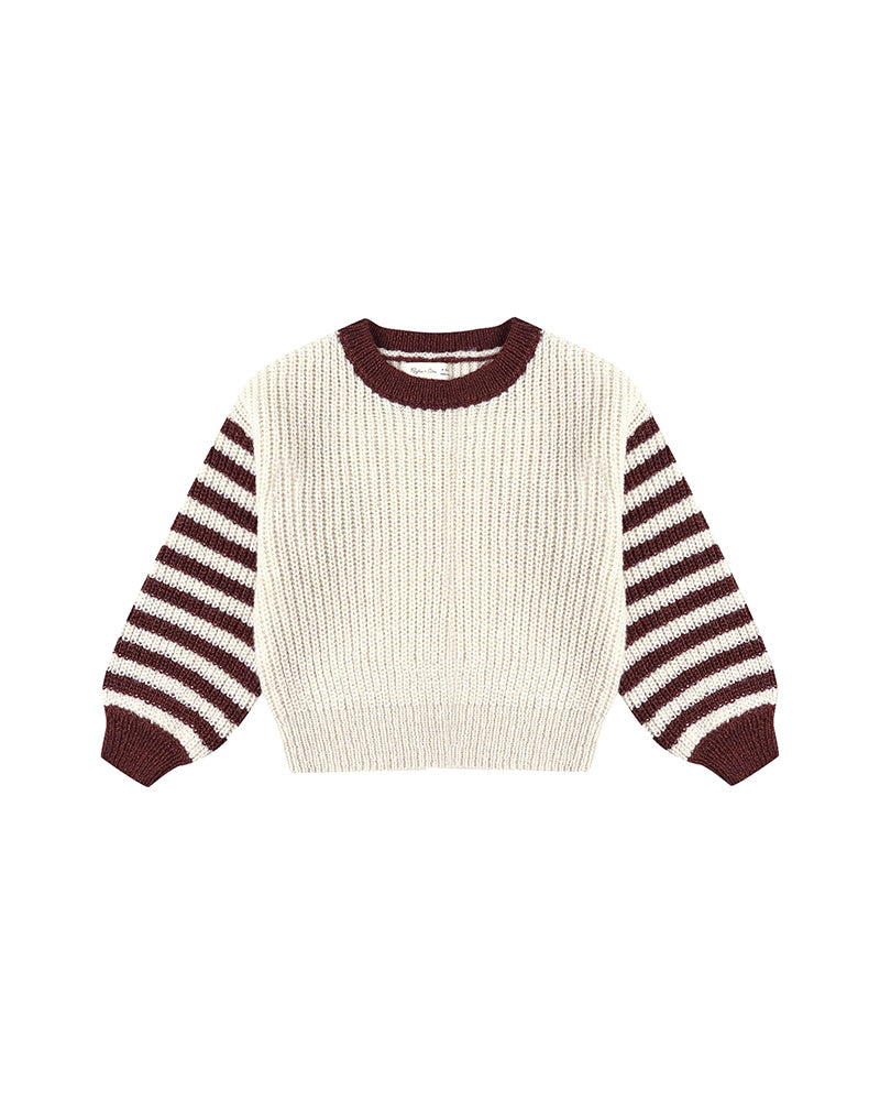 White sweater with maroon striped sleeves