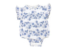 Baby onesie with blue floral pattern on a white background