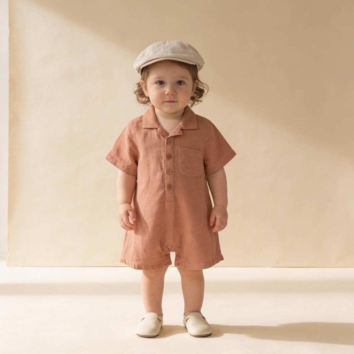 Child wearing a clay colored one piece against a beige background