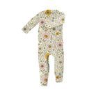 Floral-patterned baby onesie with a zipper underneath on a white background
