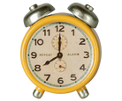 Vintage-style alarm clock with yellow casing and silver knobs on a white background