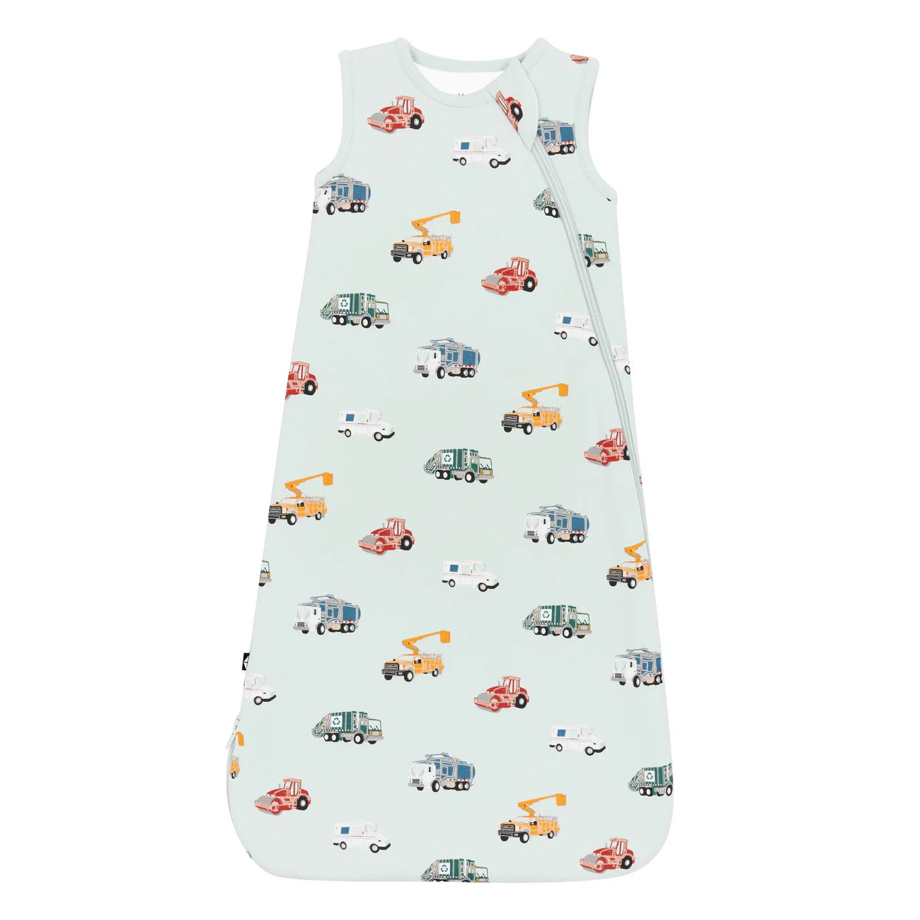 Baby sleep sack with construction vehicle patterns on a white background