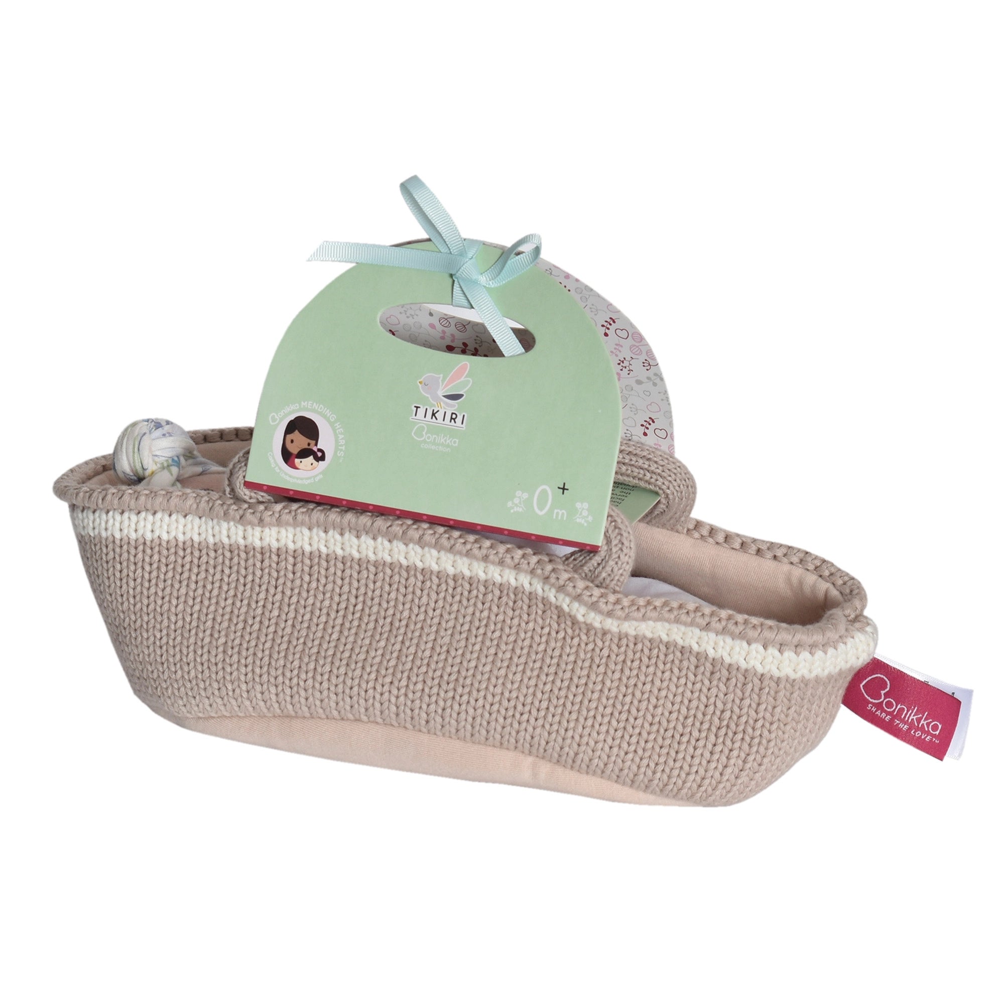Knitted Carry Cot with Rheya Baby - Dark Skin, Soother & Blanket