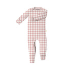 Pink and white checkered baby onesie with zipper on a white background