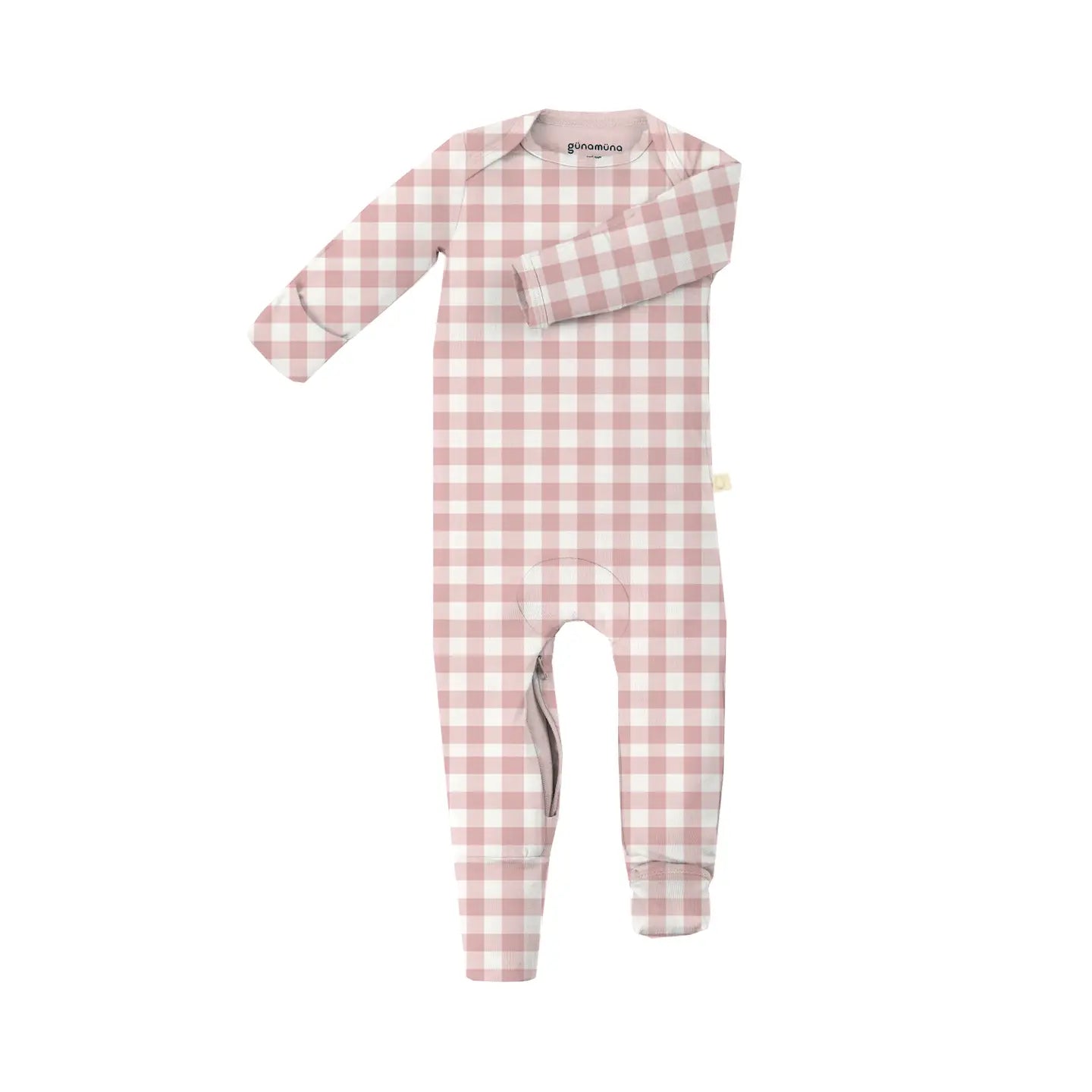 Pink and white checkered baby onesie with zipper on a white background
