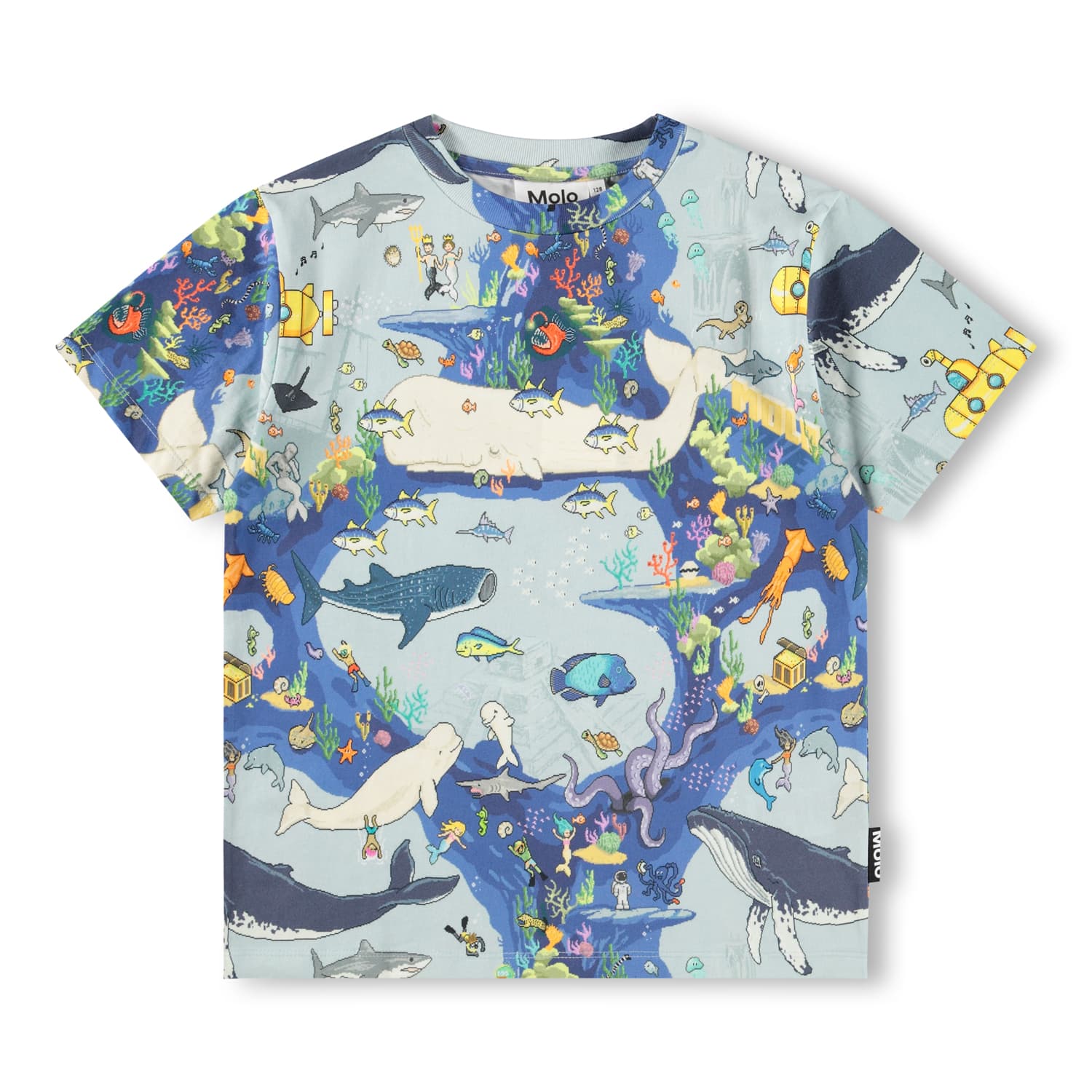 Children's t-shirt with ocean-themed design featuring various sea creatures on a light blue background.