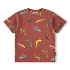 Red t-shirt with colorful lizard pattern on a white background