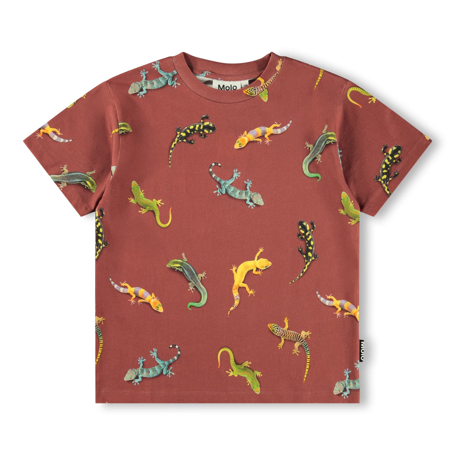 Red t-shirt with colorful lizard pattern on a white background