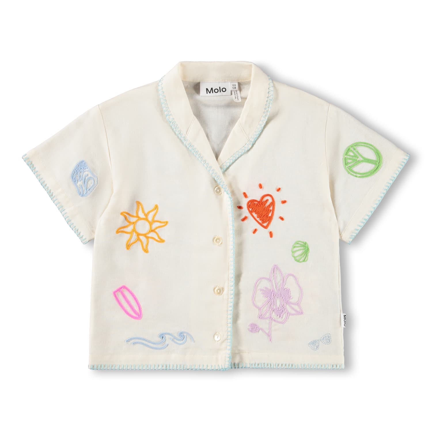 Children's cardigan with colorful designs on a white background