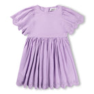 Lavender dress with ruffled sleeves on a white background