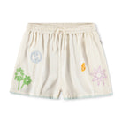 Beige shorts with colorful graphics on a white background