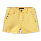 Yellow denim shorts on a white background