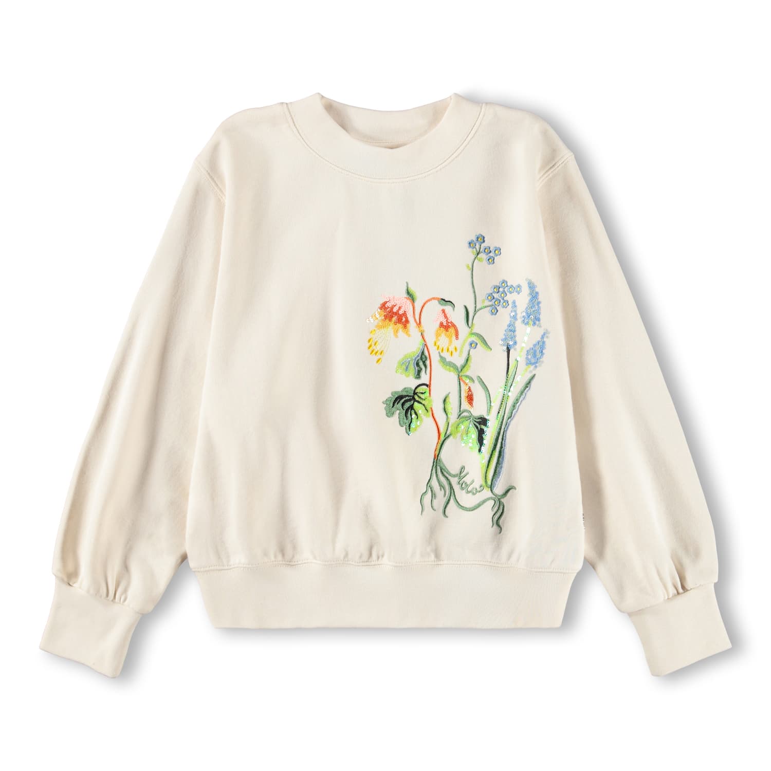 Beige sweatshirt with floral design on a white background