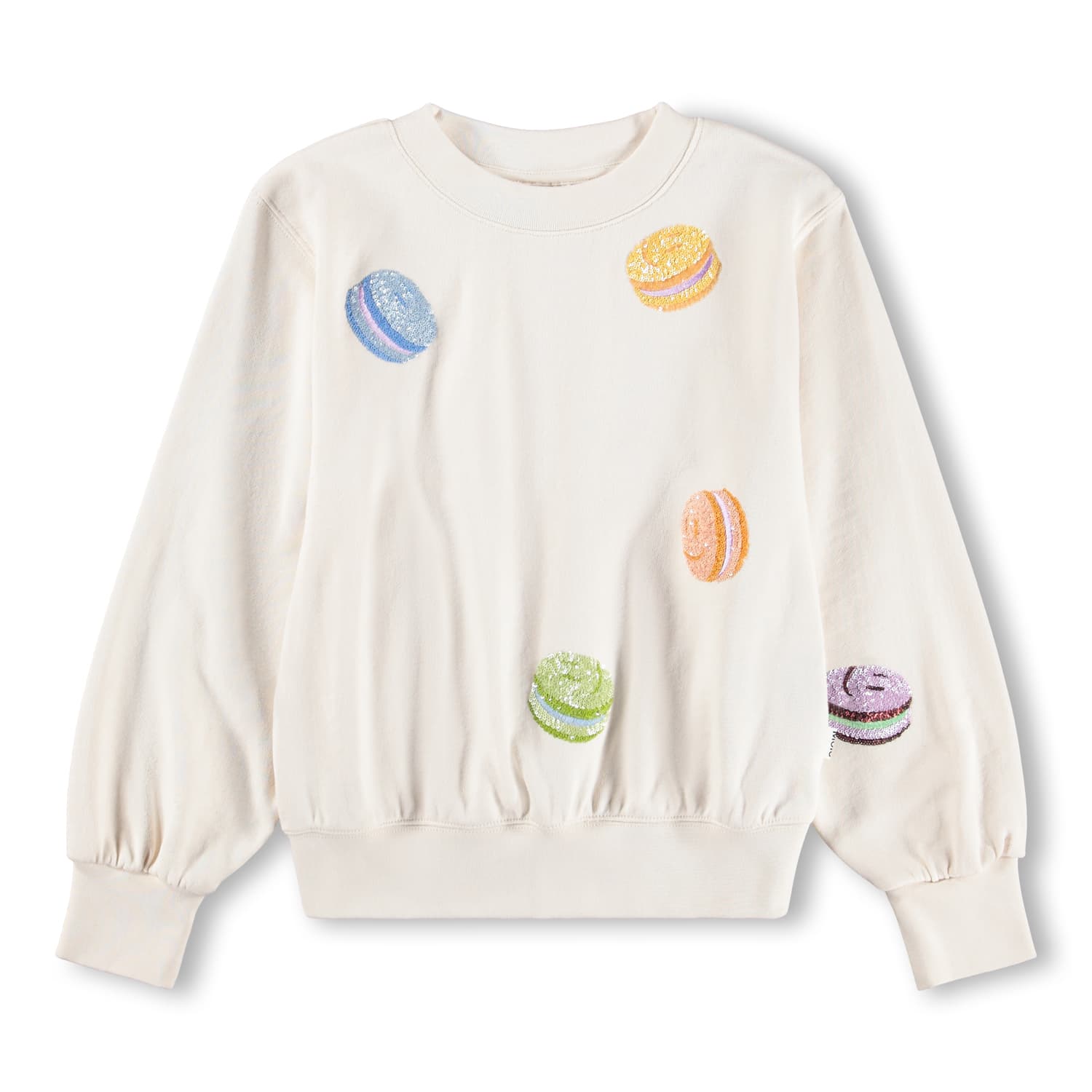 Beige sweatshirt with colorful embroidered dessert designs on a white background