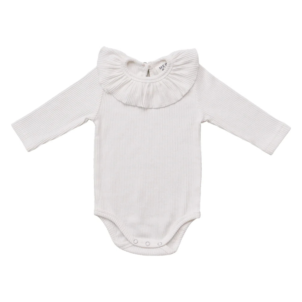A white ribbed long-sleeve baby bodysuit with a wide ruffled collar, laid flat on a white background.