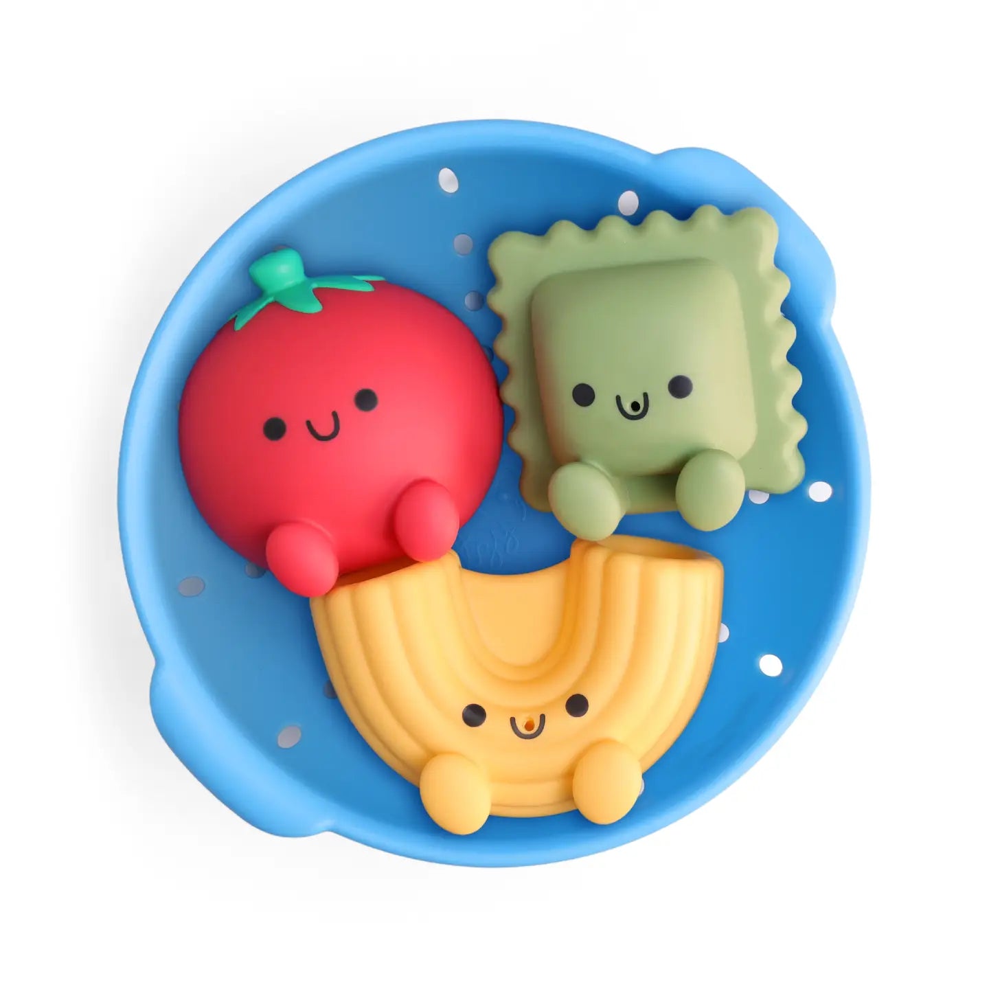 Colorful bath toys with tomato, pasta, and ravioli shapes on a blue tray.