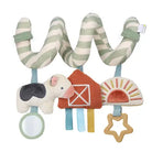 Baby carseat toy with striped snake, cow, barn, and other elements on a white background