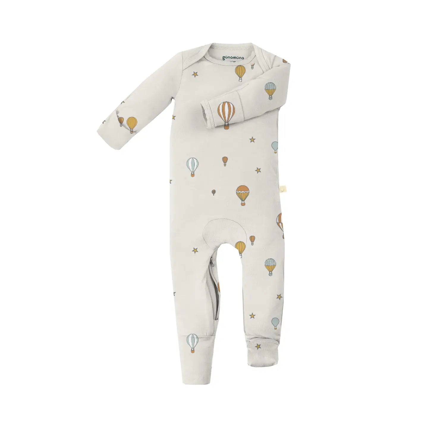 Baby onesie with hot air balloon pattern and a zipper underneath