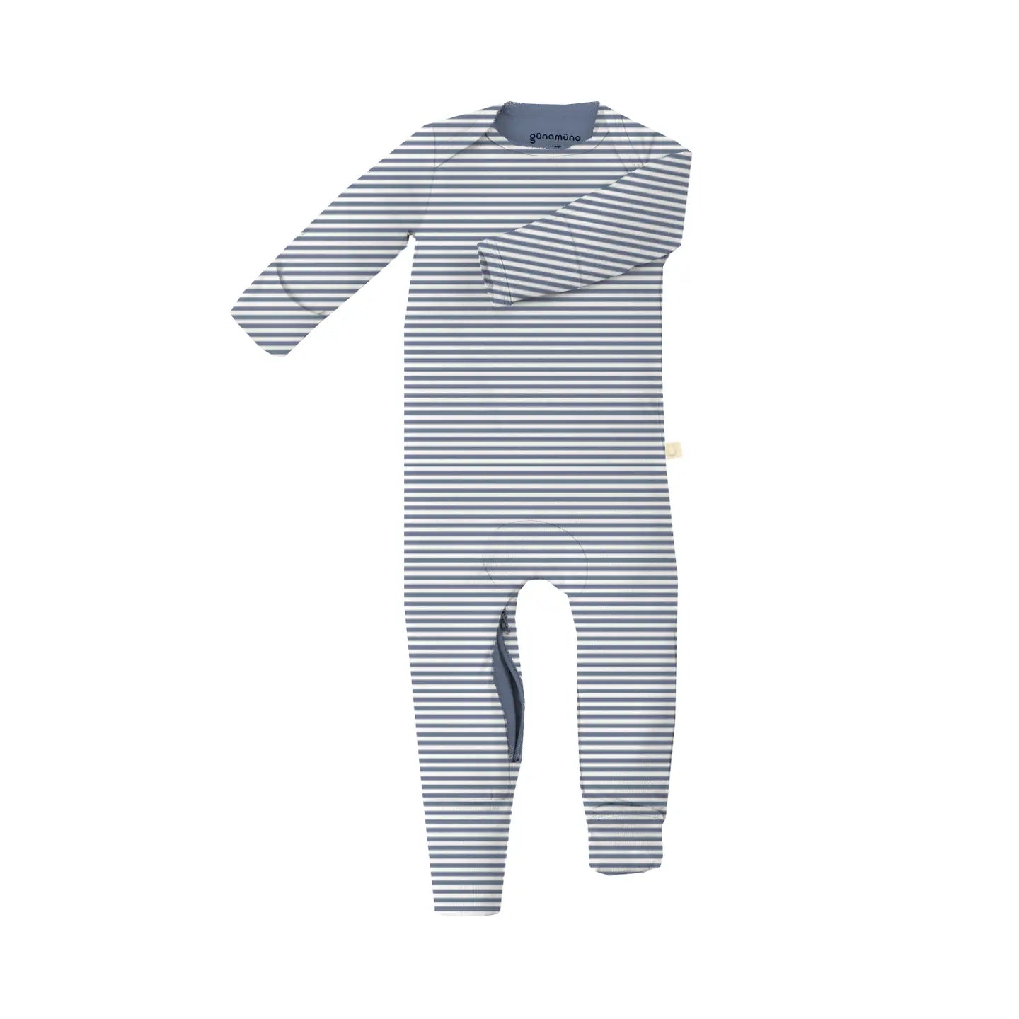 Striped baby onesie with zipper underneath on a white background