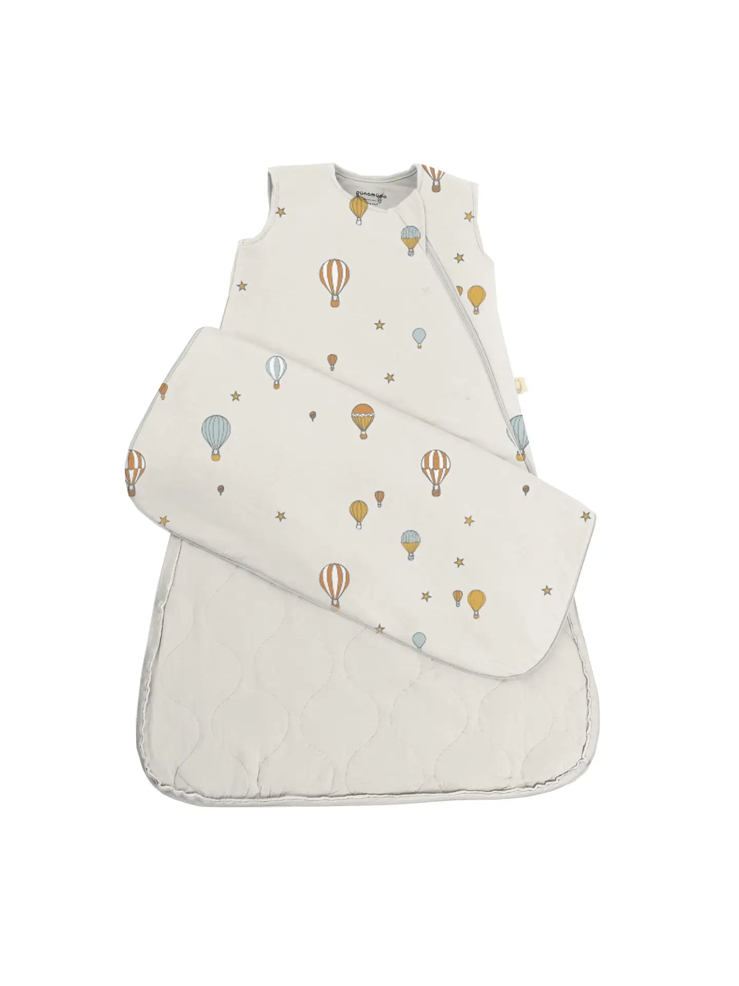 Baby sleep sack with hot air balloon pattern on a white background
