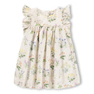 Floral dress with ruffled sleeves on a white background
