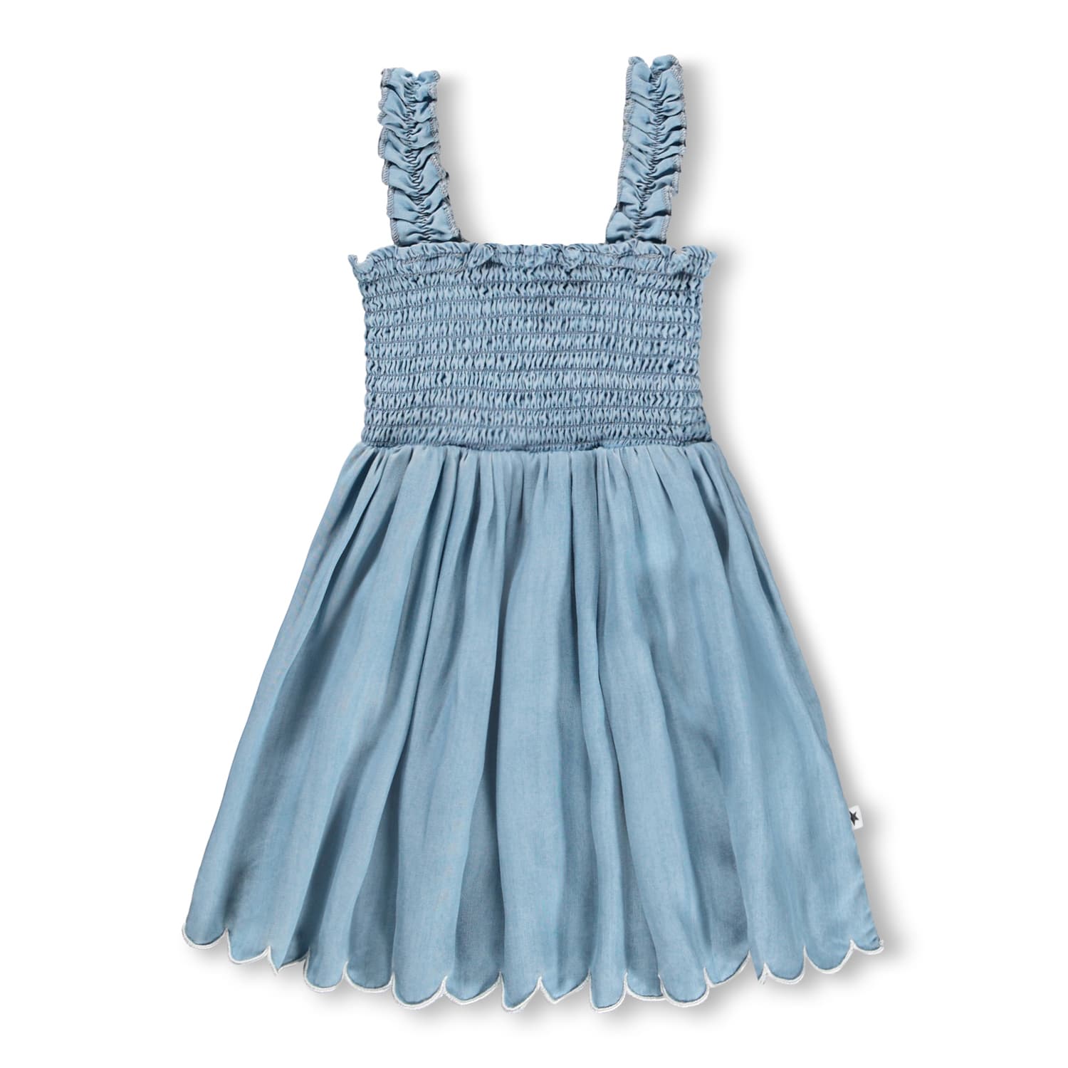 Blue dress with smocked bodice and scalloped hem on a white background