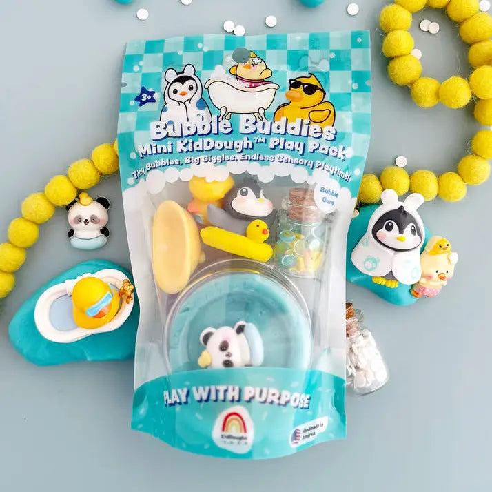 Bubble Buddies Mini KidDough Play Pack with cartoon characters on a light blue background