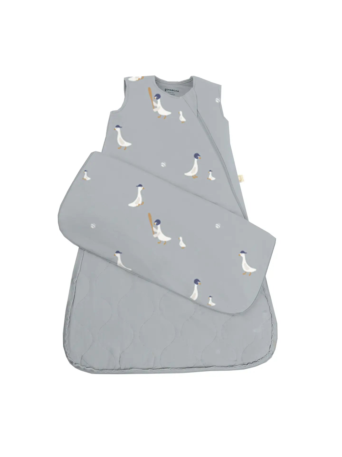 Light blue sleep sack with a goose baseball pattern 