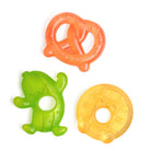 Three colorful baby teething toys on a white background