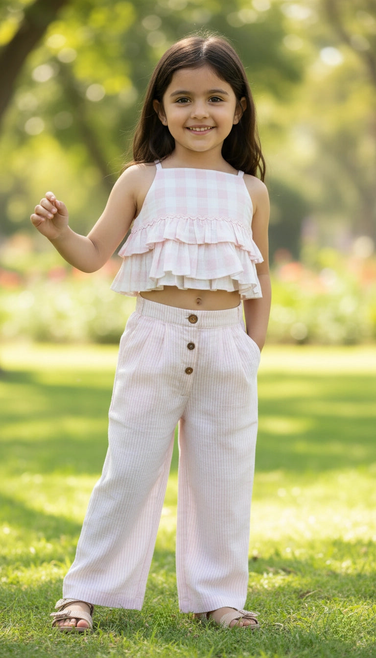 Young girl in a pink outfit with a gingham top and striped pants