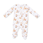 A white long-sleeve baby footed sleeper with an all-over autumn print of orange foxes, pumpkins, and leaves, shown flat on a white background.