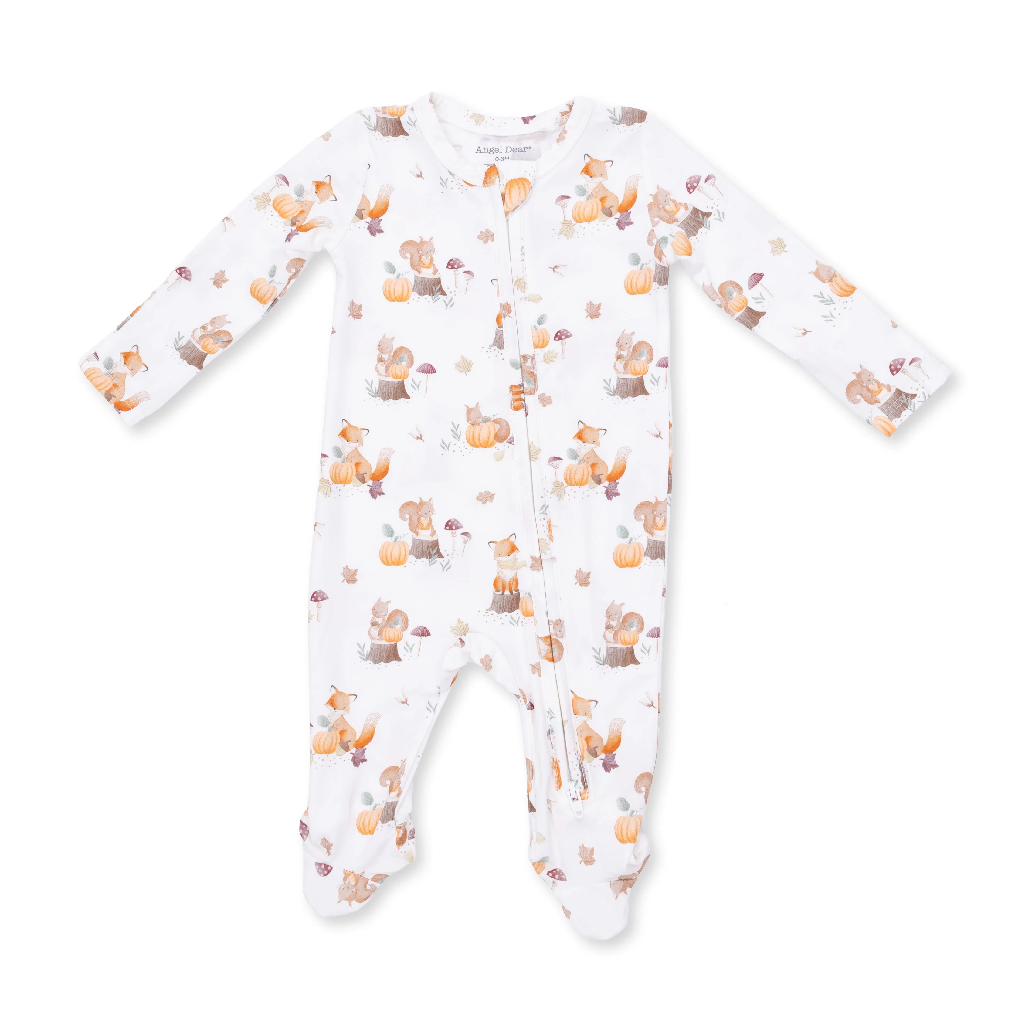 A white long-sleeve baby footed sleeper with an all-over autumn print of orange foxes, pumpkins, and leaves, shown flat on a white background.