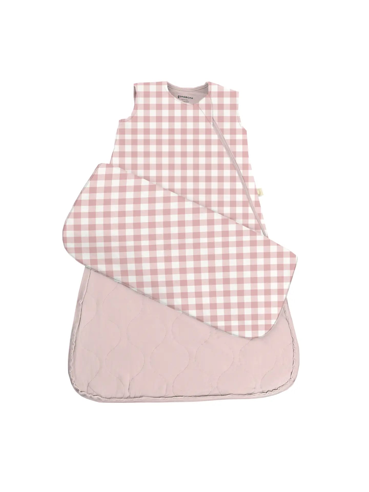 Pink gingham baby sleep sack on a white background