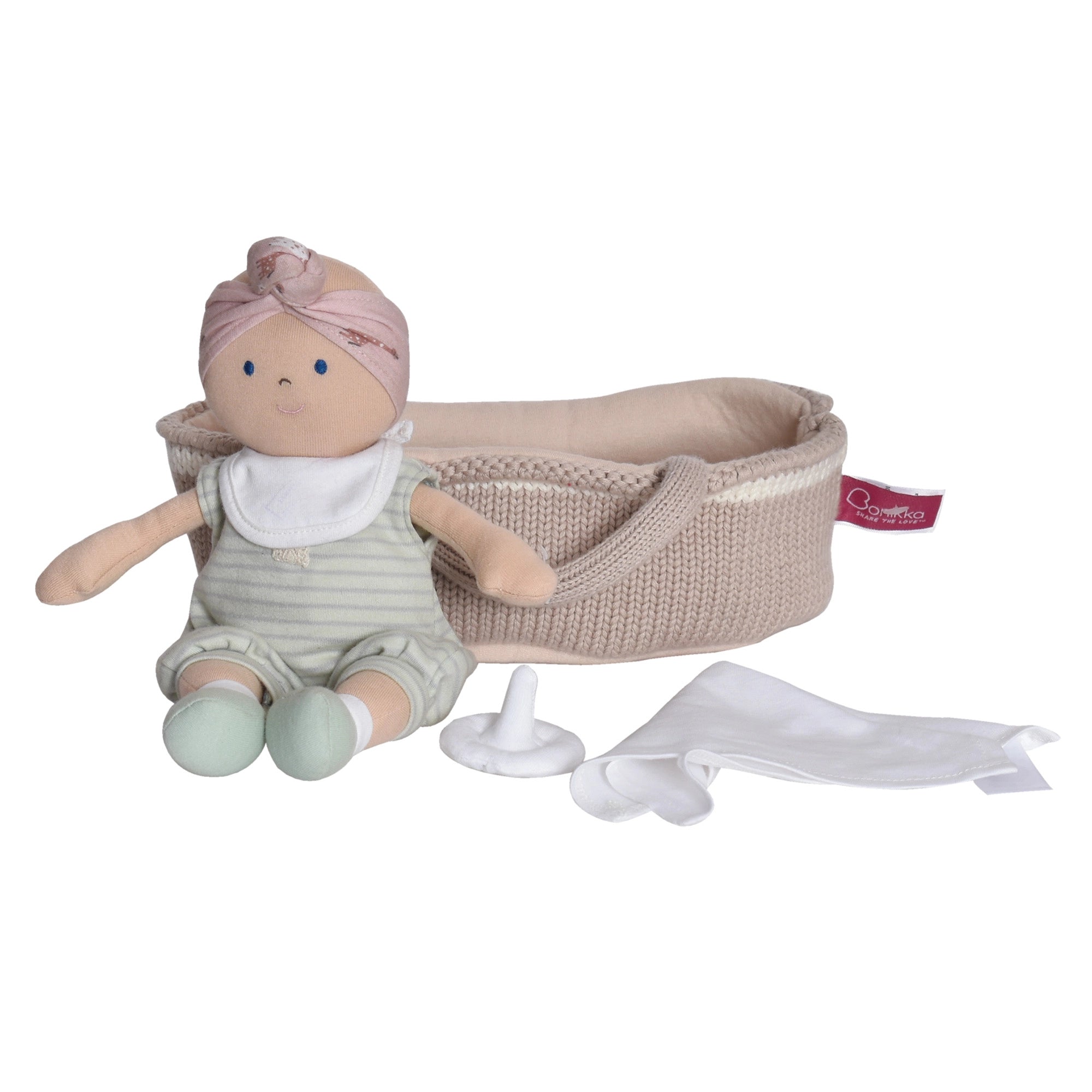 Knitted Carry Cot with Remi Baby - Light Skin, Soother & Blanket