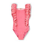 Pink swimsuit with ruffled details on a white background