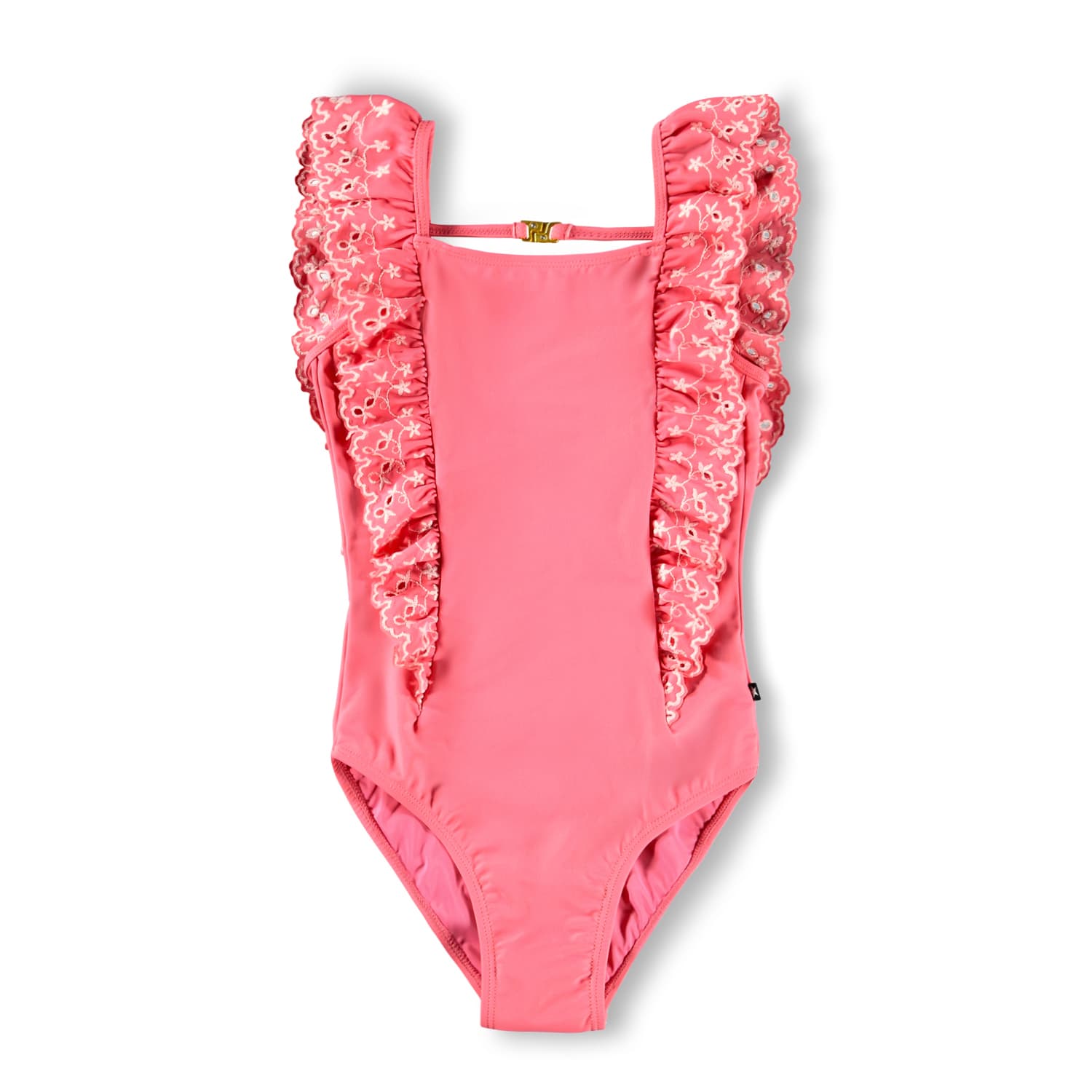 Pink swimsuit with ruffled details on a white background