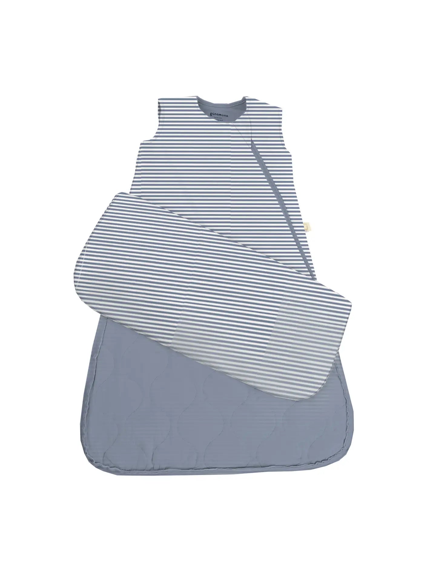 Blue and white striped sleep sack on a white background