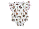Baby romper with horse and cowgirl pattern on a white background