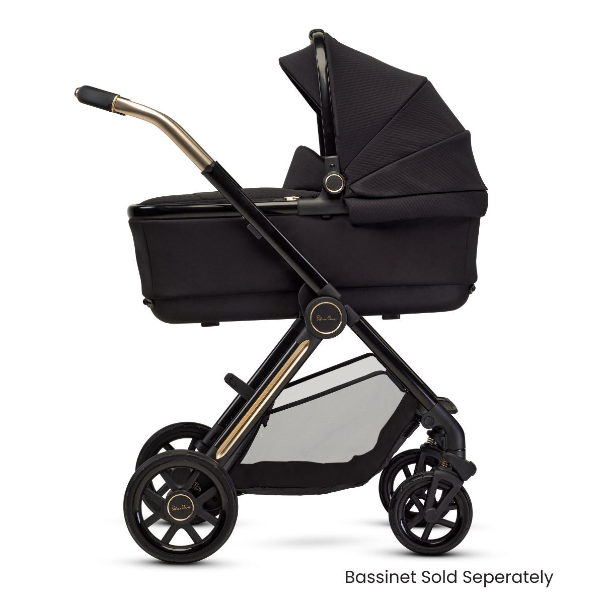 Black Stroller with gold accents with Bassinet 