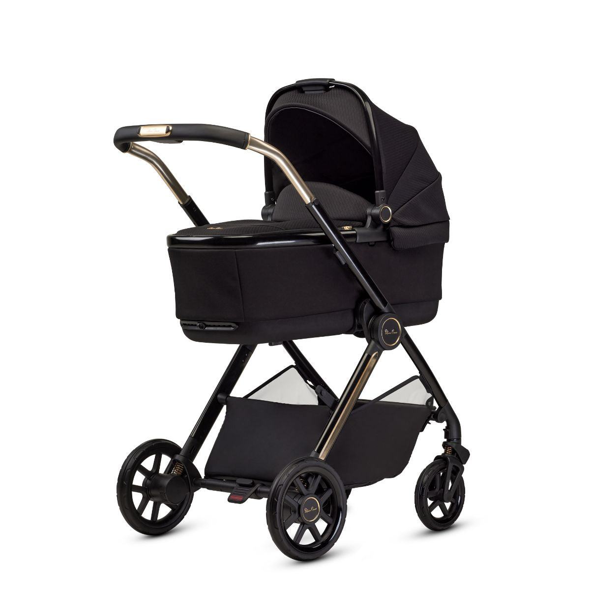 Black stroller with gold accents 