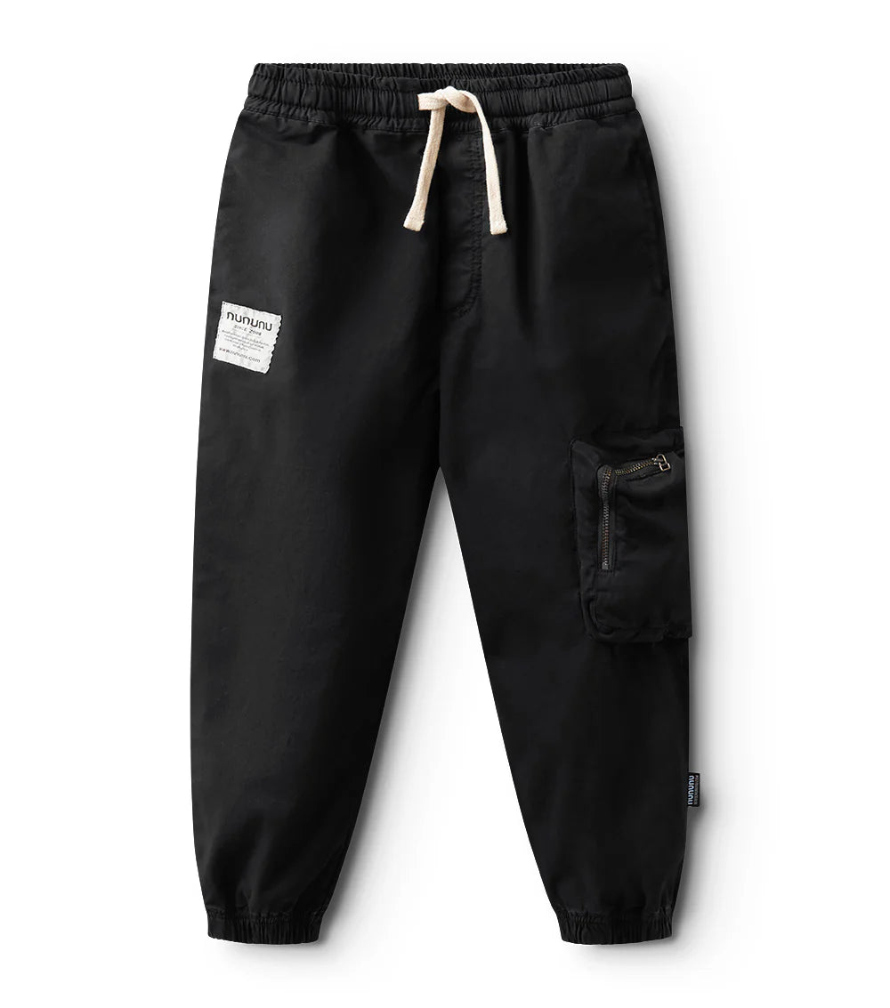 Black cargo pants with a drawstring on a white background