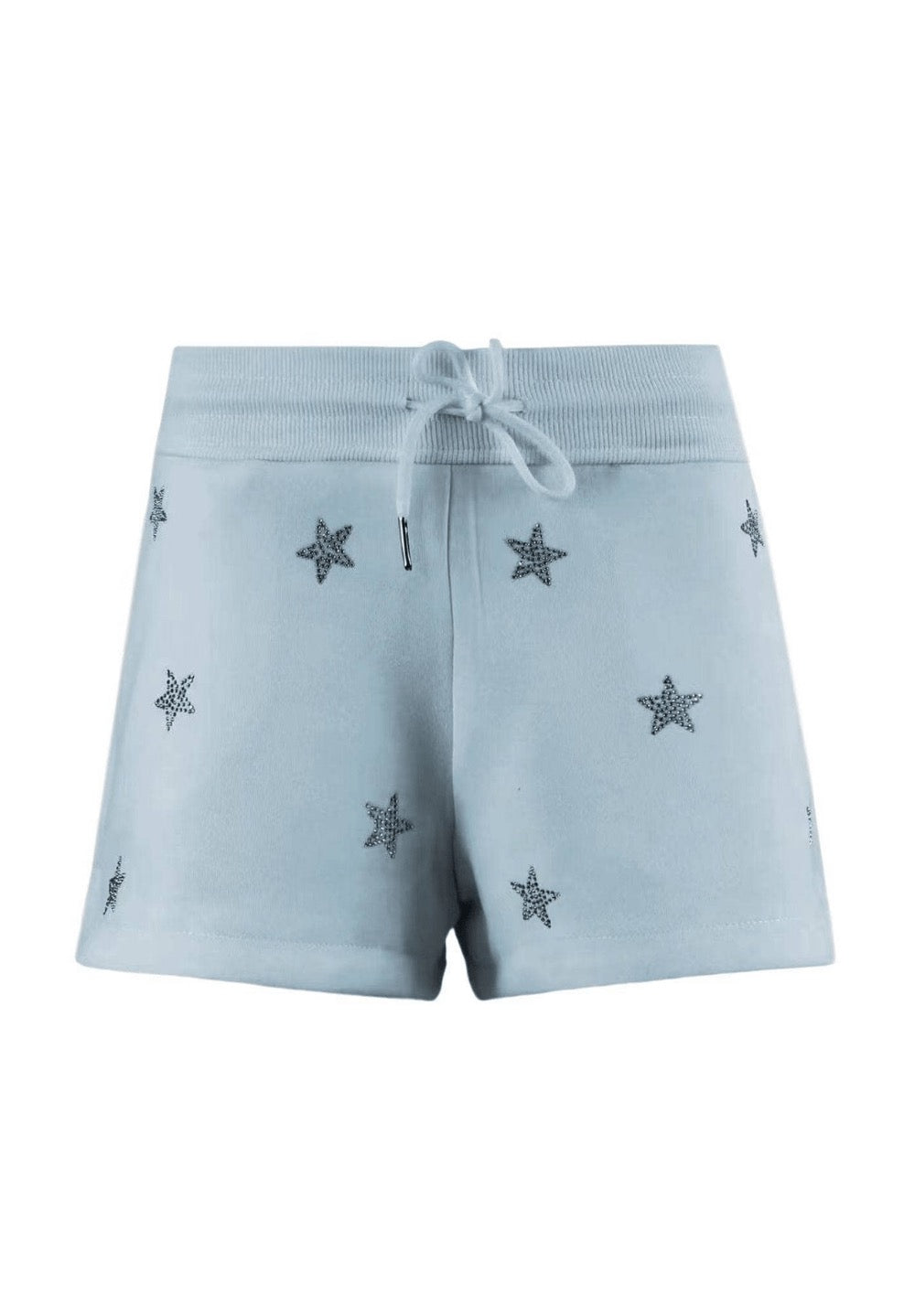 Light blue shorts with star diamond patterns on a white background