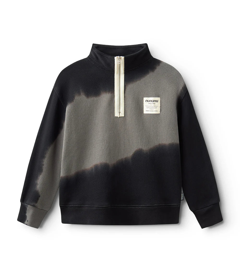 Black and gray tie-dye sweatshirt with a zipper on a white background