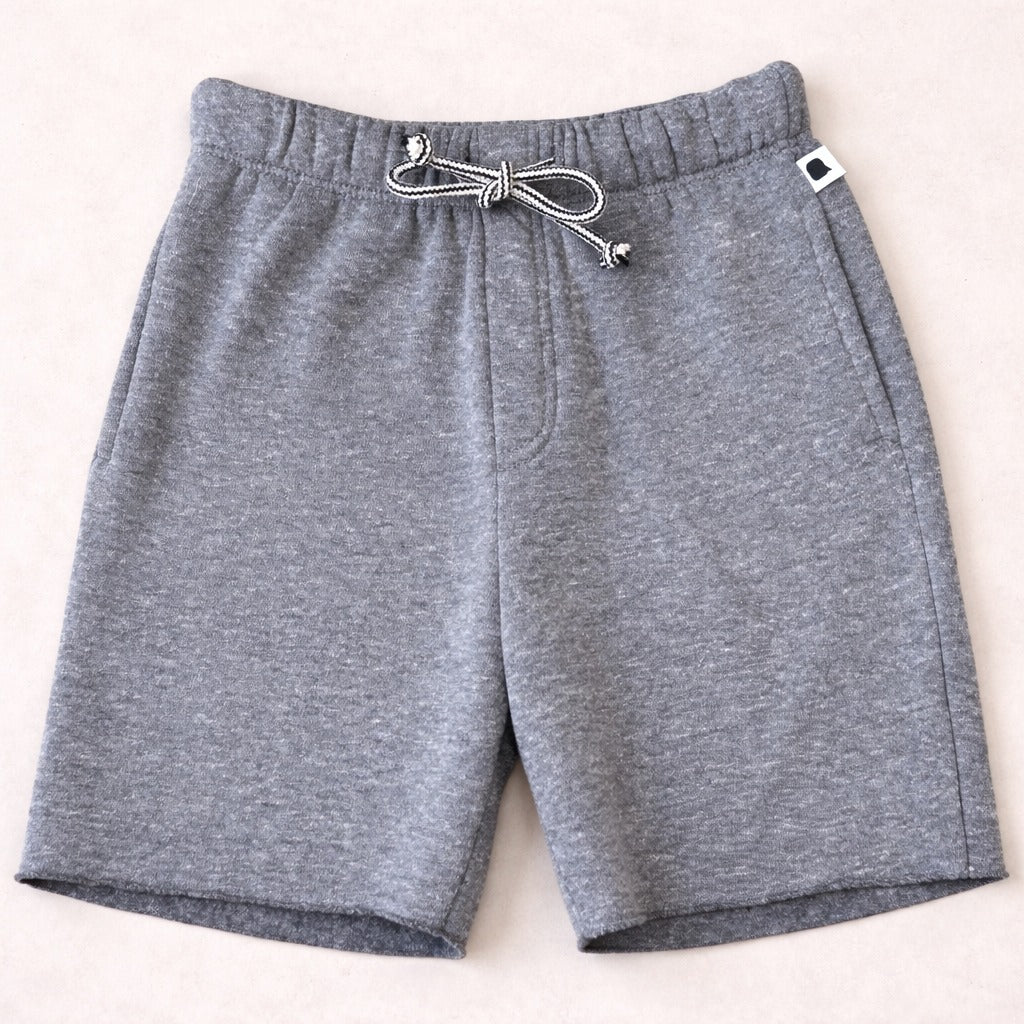 Gray shorts with a drawstring on a white background